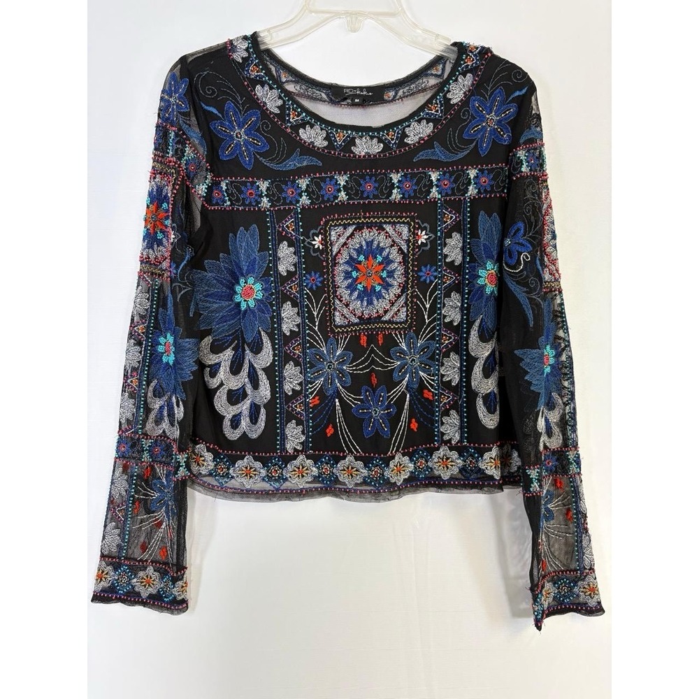 rd koko embroidered beaded mesh long sleeve cropped top size medium festive boho